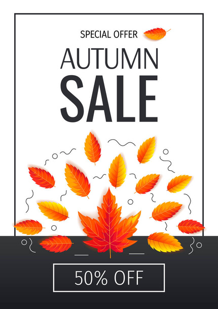 herfst verkoop met esdoorn bladeren op zwart-witte achtergrond. vectorillustratie - Vector, afbeelding