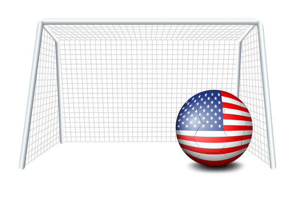 Футбольный мяч у сетки с флагом США
 - Вектор,изображение
