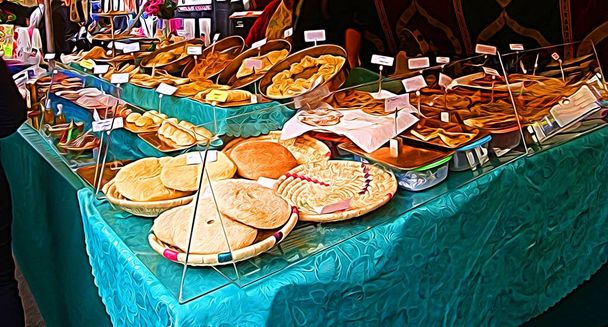 Стиль малювання цифрового кольору, що представляє магазин хліба на ринку вуличної їжі в центрі Парижа. - Фото, зображення