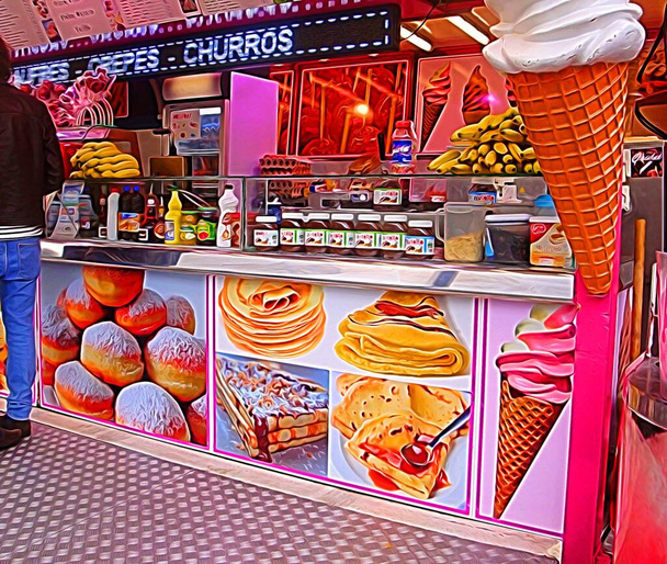 Digital color painting style representing an ice cream and hot sweets shop in the street food market in central Paris - Photo, Image