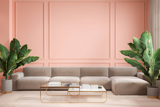 Modern minimalism peach interior with couch, sofa, palm plants and coffee tables. - Foto, Bild