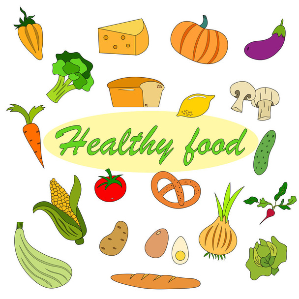 Set di prodotti per alimenti sani. Uno stile di vita sano. Illustrazione vettoriale. - Vettoriali, immagini