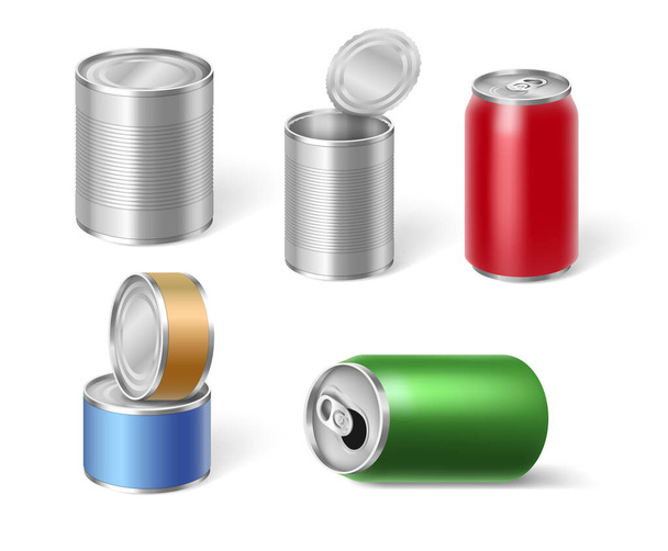 Conjunto de latas de tic para almacenamiento de alimentos y bebidas, plantilla 3d paquetes de metal realistas - Vector, imagen