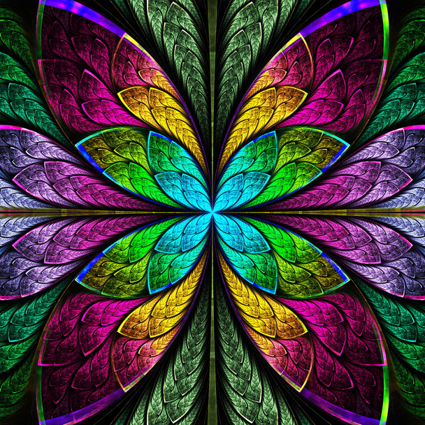 symmetrische mehrfarbige fraktale Blume im Buntglasstil. - Foto, Bild