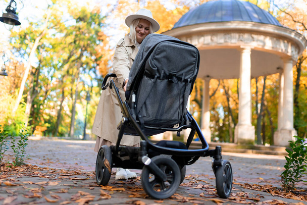 Mother with baby pram walking in autumn park - Photo, Image