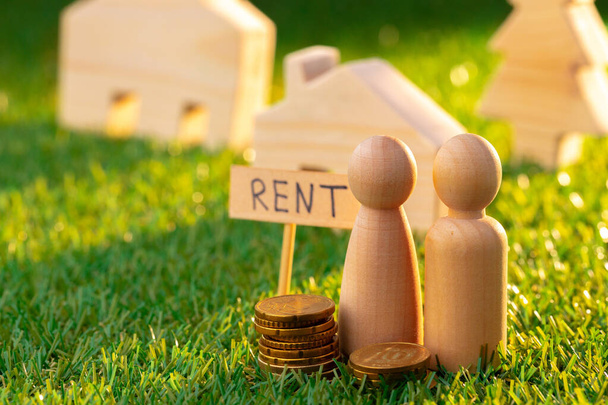 Wooden toy house with rent sign on grass - Foto, imagen