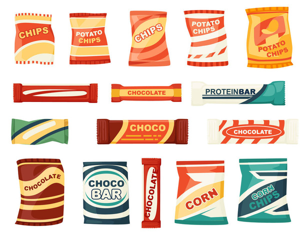Σνακ σύνολο προϊόντων για μηχάνημα αυτόματης πώλησης fast food chips και σοκολάτες επίπεδη διανυσματική απεικόνιση απομονωμένη σε λευκό φόντο. - Διάνυσμα, εικόνα