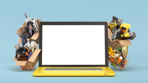online ordering of goods from a hypermarket. Products clothing and household appliances in boxes over laptop with blank screen 3d render on blue gradient - Fotoğraf, Görsel