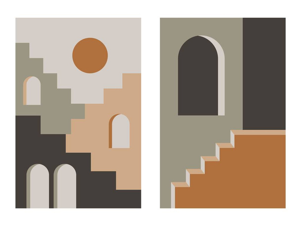 Постеры абстрактных лестниц. Современная бохо-печать середины века, стены декора истории социальных медиа современный стиль. Векторная иллюстрация - Вектор,изображение