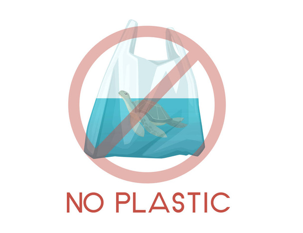 Plastik torba içinde kaplumbağa soyut illüstrasyon No PLASTIC işareti kirlilik sorunu düz vektör illüstrasyon beyaz arkaplan - Vektör, Görsel