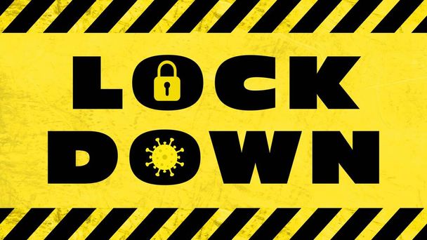 LOCK DOWN - Schriftzug auf gelbem Hintergrund mit schwarz-gelb gestreiften Warnbändern - 3D-Illustration - Foto, Bild