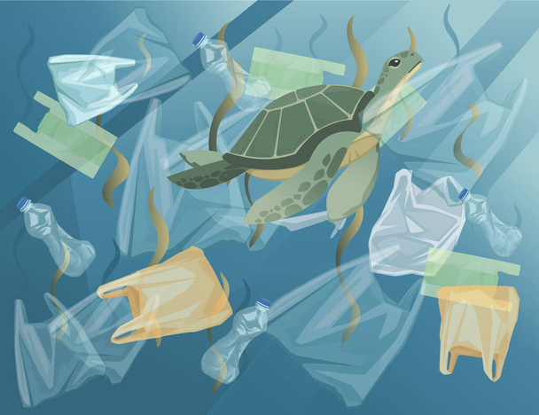 Océano con bolsas de plástico de agua contaminada y botellas de tortuga en agua sucia ilustración vector plano - Vector, imagen