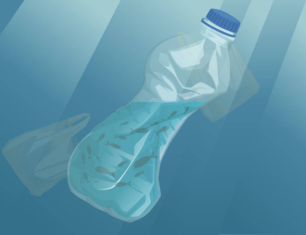 Crumpled plastic bottle with abstract water and fishes ecological disaster plastic problem flat vector illustration with ocean background - Vector, Image