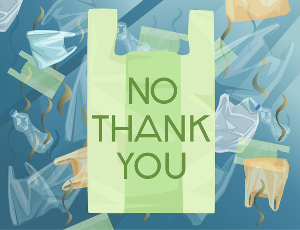 Bolsa de plástico verde con NO GRACIAS firma océano con agua contaminada bolsas de plástico y botellas ecología problema desastre plana vector ilustración - Vector, imagen