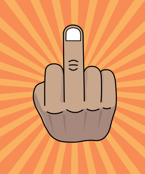 Hand gesture. Third rude finger hand drawn fuck you sign. Black hand showing middle finger showing disrespect gesture. Vector illustration with rays star orange and yellow sunburst background. - Foto, afbeelding