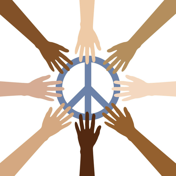 groep mensenhanden met verschillende huidskleuren bouwen een cirkel rond vredessymbool - Vector, afbeelding