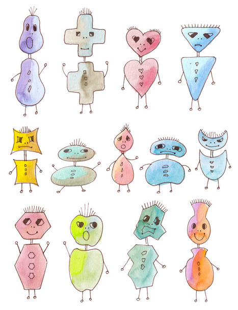 Um conjunto de robôs de desenhos animados de formas geométricas, diferentes expressões faciais e cores.  - Foto, Imagem