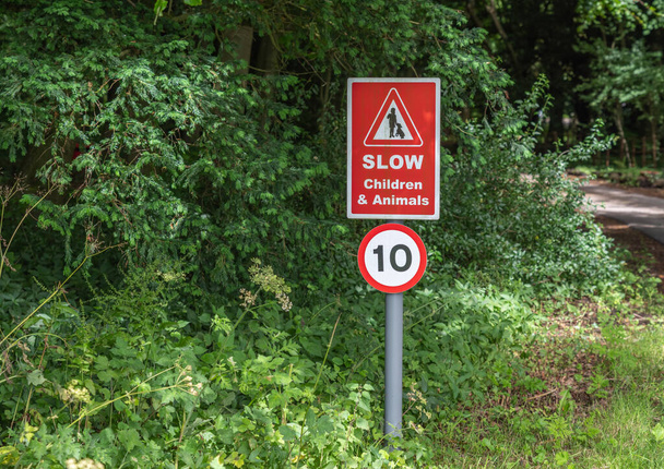 Медленные дети и животные красный дорожный знак с ограничением скорости 10 - Фото, изображение