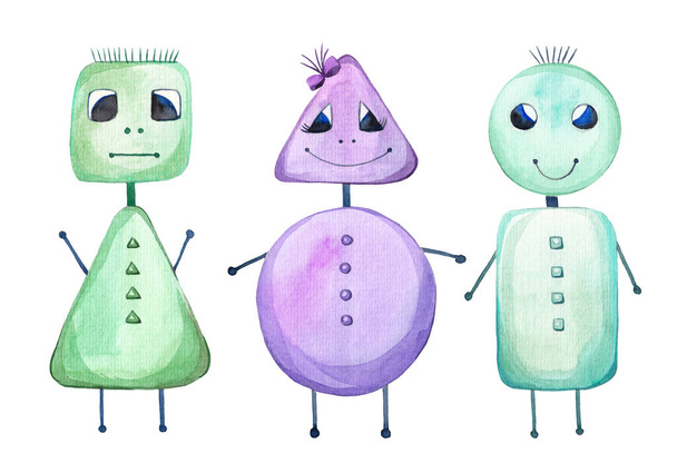 Three geometric baby robots in watercolor on a white background.  - Photo, Image