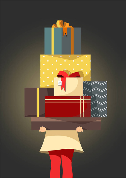 girl holding many gift boxes on dark background - Vector, Image