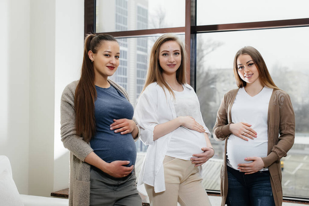 Eine Gruppe junger schwangerer Mädchen kommuniziert in der pränatalen Klasse. Betreuung und Beratung von Schwangeren - Foto, Bild