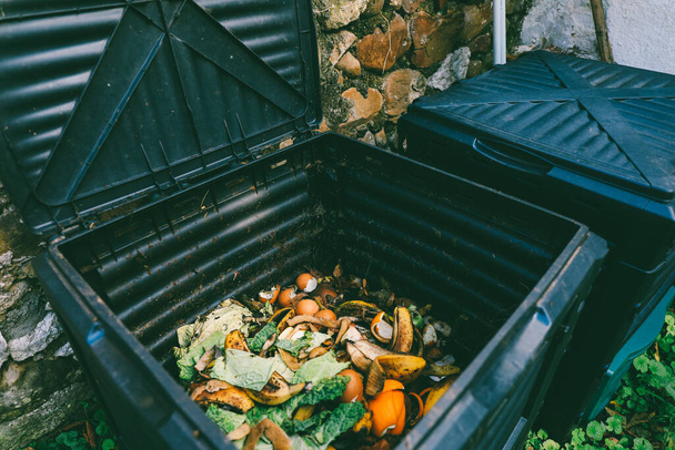 Vista de perto dos resíduos orgânicos dentro da caixa de compostagem. Agricultura biológica e conceito de estilo de vida saudável - Foto, Imagem