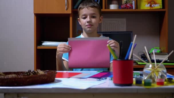 Mavi Tişörtlü Ciddi Çocuk Renkli Kağıtta Pembeyi Gösteriyor - Video, Çekim