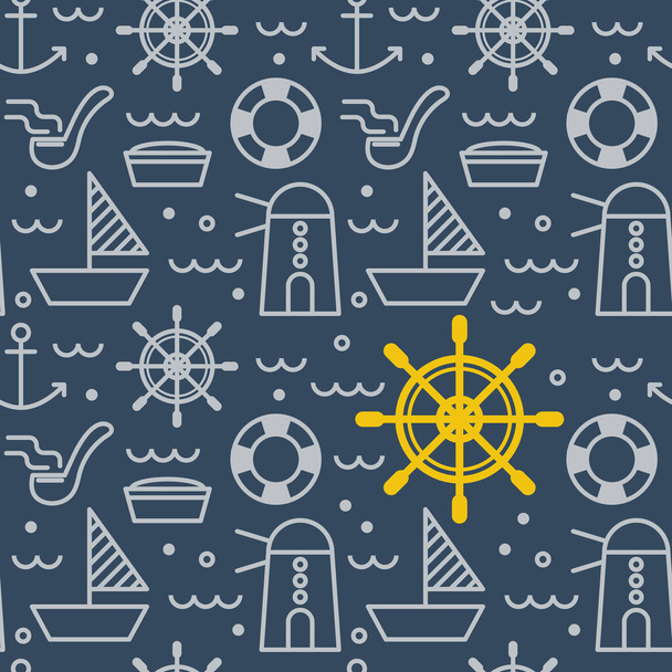 Nautische schets pictogrammen concept naadloos patroon in diepe marine blauwe achtergrond voor textiel of inpakpapier - Vector, afbeelding