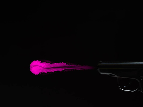 silueta negra de una pistola, un chorro de pintura rosa sale del cañón de la pistola - Foto, Imagen