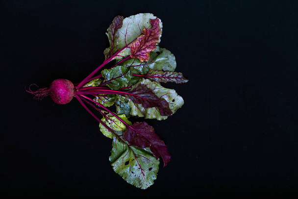 A top view of beetroot with leaves isolated on a black surface - Foto, Bild