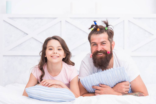 happy family of dad and daughter having fun at home with funny hairdo, fathers day - Photo, image