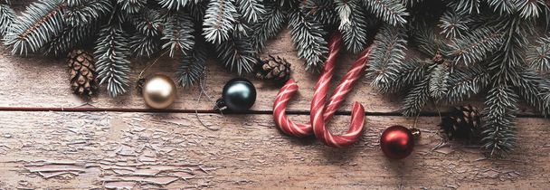 Christmas Tree and decorations on wooden background copy space for lettering - 写真・画像