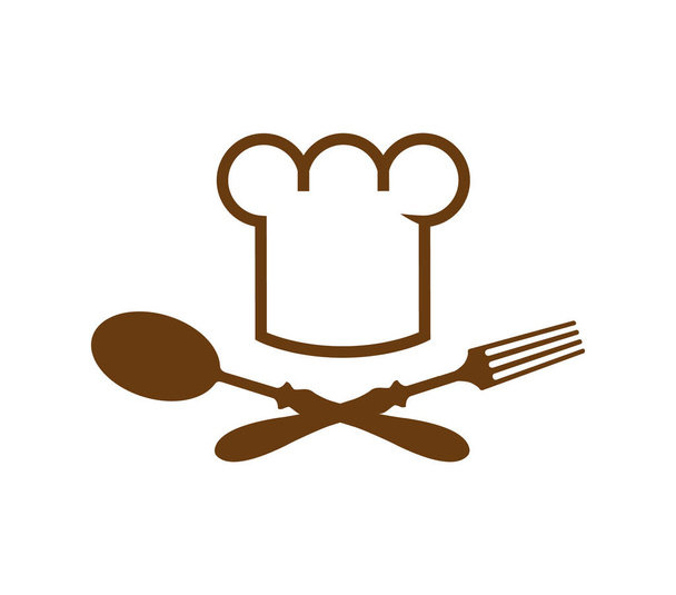 Chef's hat with crossed spoon and fork. Cutlery logo - Vector, Image