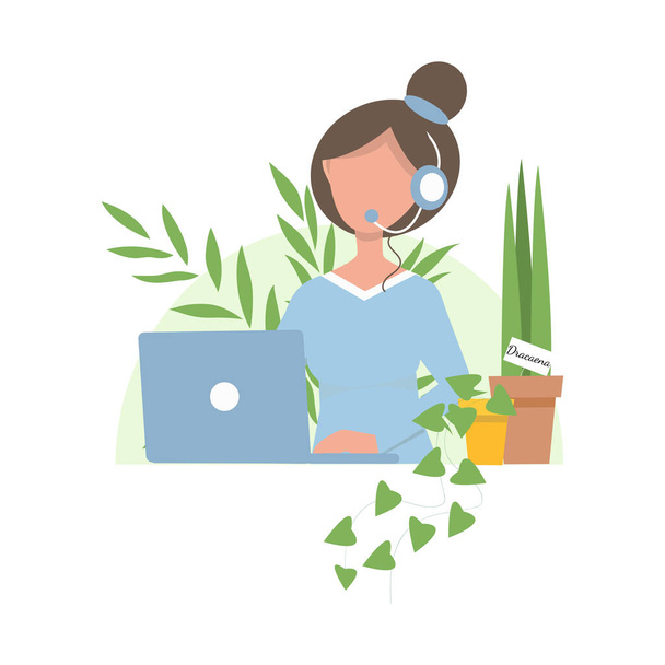 Онлайн оператор Векторні ілюстрації. Клієнти онлайн підтримують жінку з ноутбуком і домашніми рослинами
. - Вектор, зображення