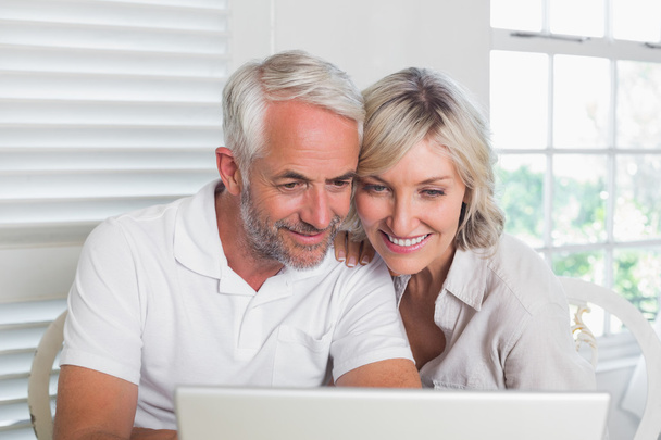 Mature couple using laptop at home - 写真・画像