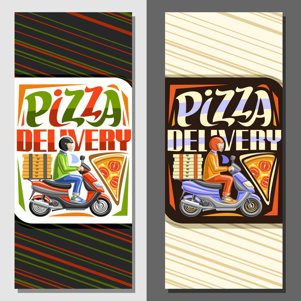 ピザの配達のためのベクトルレイアウト、オートバイやマルゲリータピザの作品にヘルメットに乗って宅配便のイラスト、言葉のためのユニークなレタリングとピザのための装飾的な看板ピザの配達. - ベクター画像