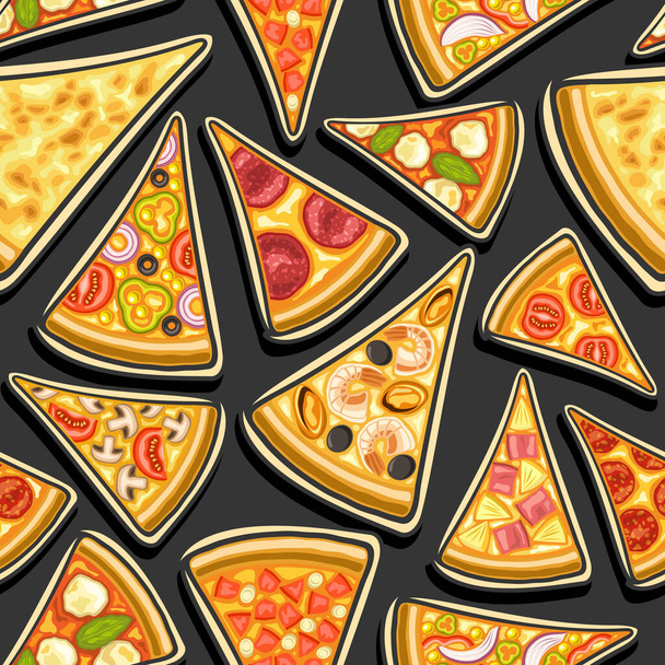 ベクトルピザシームレスパターン、正方形の繰り返しピザの背景、暗い背景に様々なタイプのフラットレイ三角形のピザスライスのイラストの切り抜きのグループ、ピザテーブルクロスのパターン - ベクター画像