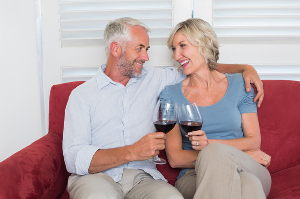 Relaxed mature couple toasting wine glasses in living room - Valokuva, kuva