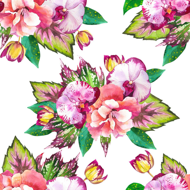 Orchids bouquet watercolor seamless pattern. Tropical flowers on white background. Exotic hibiscus, pink rose, peony with green leaves texture. Botanic wrapping paper, wallpaper design - Fotó, kép