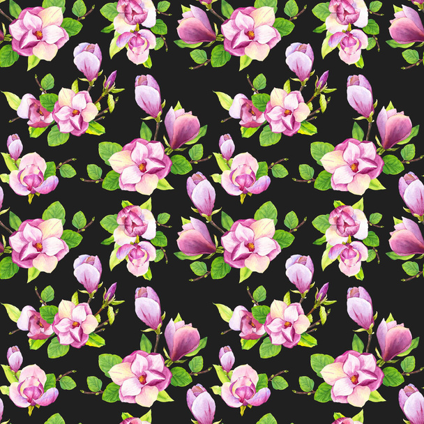 Spring seamless background with watercolor magnolia. Floral purple pattern with realistic flowers on black background for your design and decor. - Фото, зображення