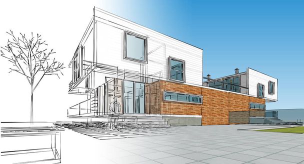 huis architectonische schets 3d illustratie - Foto, afbeelding