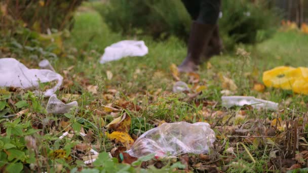 Zamknij wolontariusza zbierającego plastikowe śmieci w parku lub lesie. Dzień oczyszczenia świata. Ochrona ekologii. 4k wideo - Materiał filmowy, wideo