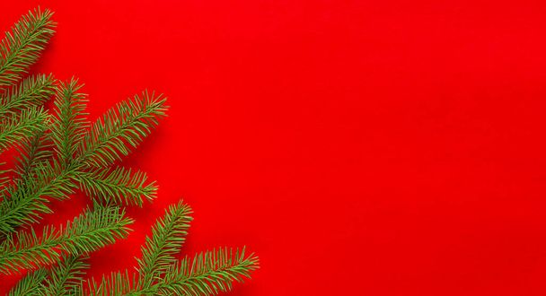 Christmas composition fir branch on red background with copy space - Foto, Bild