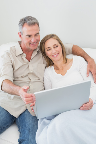 Relaxed couple using laptop on sofa - Foto, Imagen