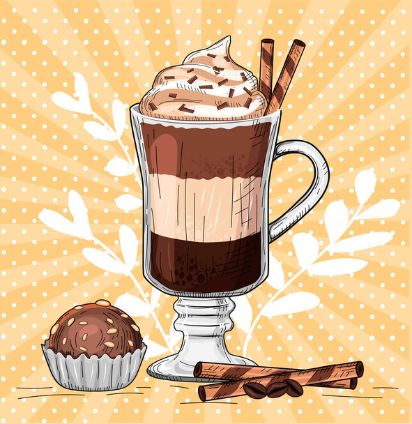 Vector illustration of latte. Hot milk caffeine drink with spices and compliment from chef as chocolate muffin. Vintage hand drawn style. - Вектор, зображення