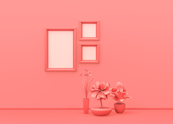 Belső szoba egyszerű monokróm rózsaszín színben, négyzet és függőleges képkeretekkel, dekoratív vázákkal és házi növényekkel. Fényes háttér másolási hellyel. 3D renderelés, plakát keret mock-up jelenet - Fotó, kép