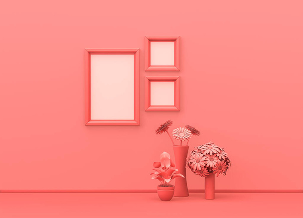 Habitación interior en color rosa monocromo liso con marcos cuadrados y verticales, jarrones decorativos y plantas de la casa. Fondo ligero con espacio de copia. Representación 3D, marco de póster escena simulada - Foto, imagen