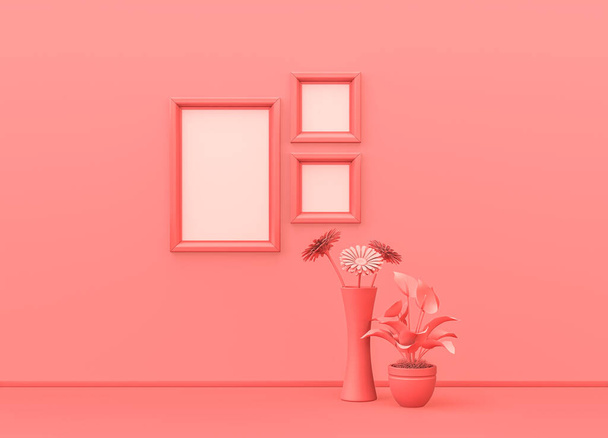 Interiérový pokoj v obyčejné monochromatické růžové barvě s hranatými a svislými rámečky, dekorativními vázami a domečky rostlin. Světlé pozadí s kopírovacím prostorem. 3D vykreslování, modelová scéna rámečku plakátu - Fotografie, Obrázek