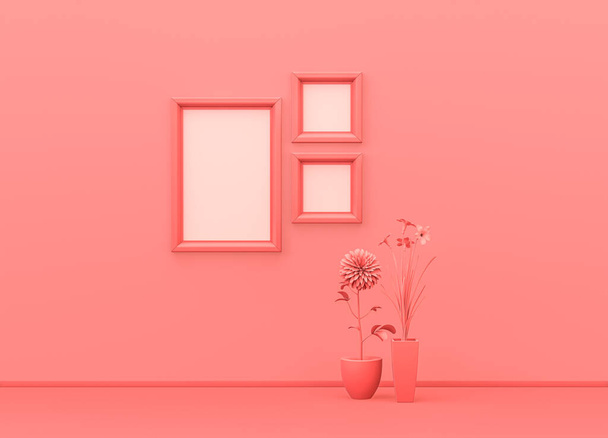 Pokój makieta ramki plakat w płaskim kolorze monochromatyczny różowy z dekoracyjnych wazonów, roślin i kwadratowych i pionowych ramek plakat. Lekkie tło z przestrzenią do kopiowania. Renderowanie 3D, ramki na ścianę - Zdjęcie, obraz