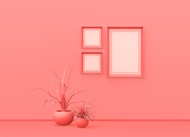 Poster frame chambre maquette en couleur rose monochrome plat avec vases décoratifs, plantes et cadres d'affiche carrés et verticaux. Fond clair avec espace de copie. rendu 3D, cadres photo sur mur - Photo, image
